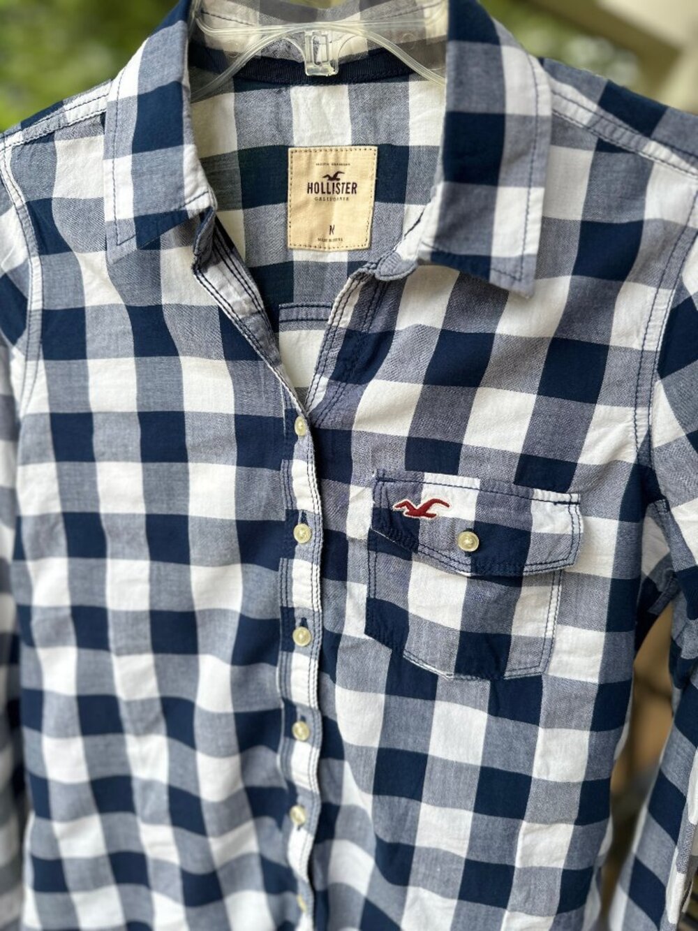 Hollister Buffalo Check Navy Blue White Cotton Button Down Shirt Slim Fit Size M